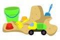 Children`s bucket, shovel and rake, sand moulds isolated on a white background.